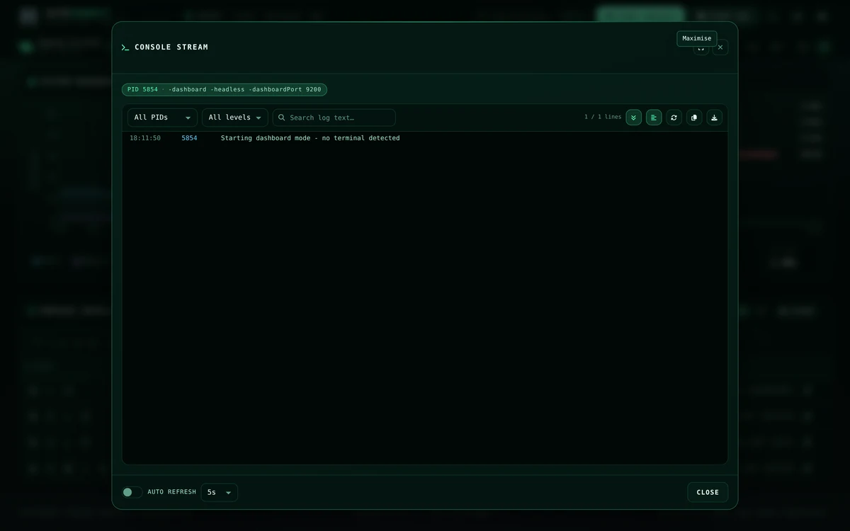 The console log stream with filters