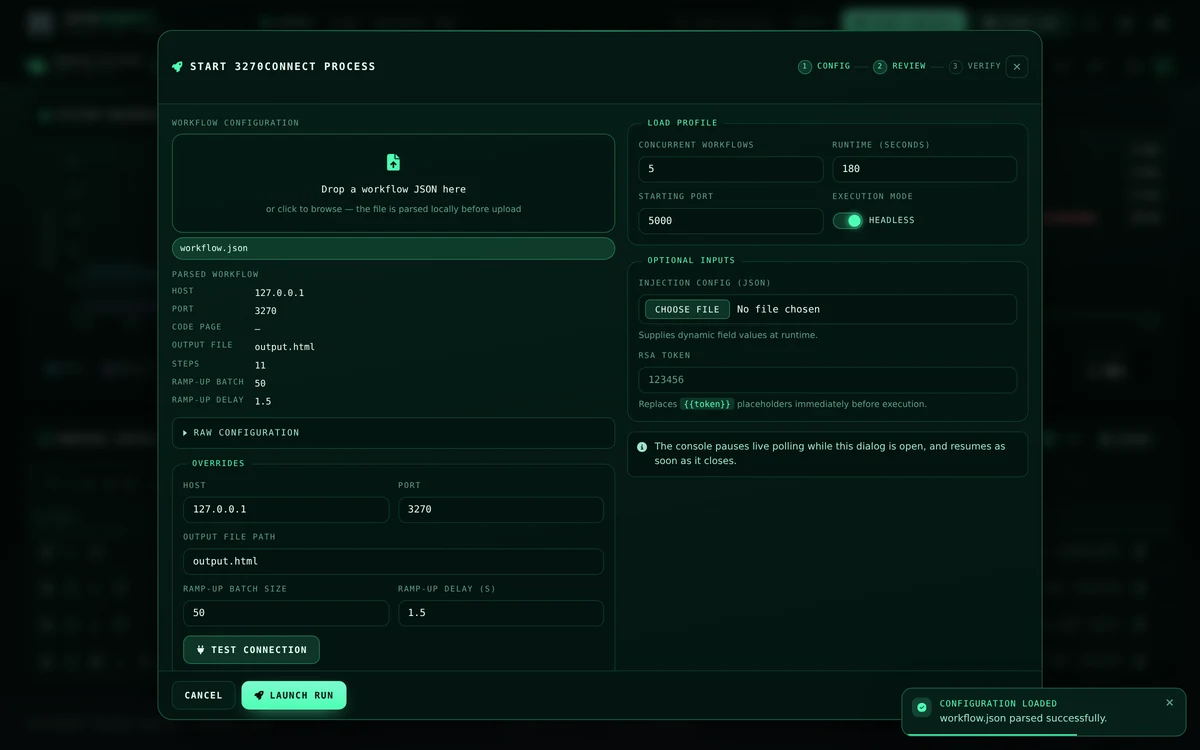The start-process dialog with a parsed workflow