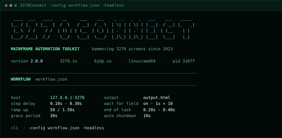 The 3270Connect startup header and workflow configuration
